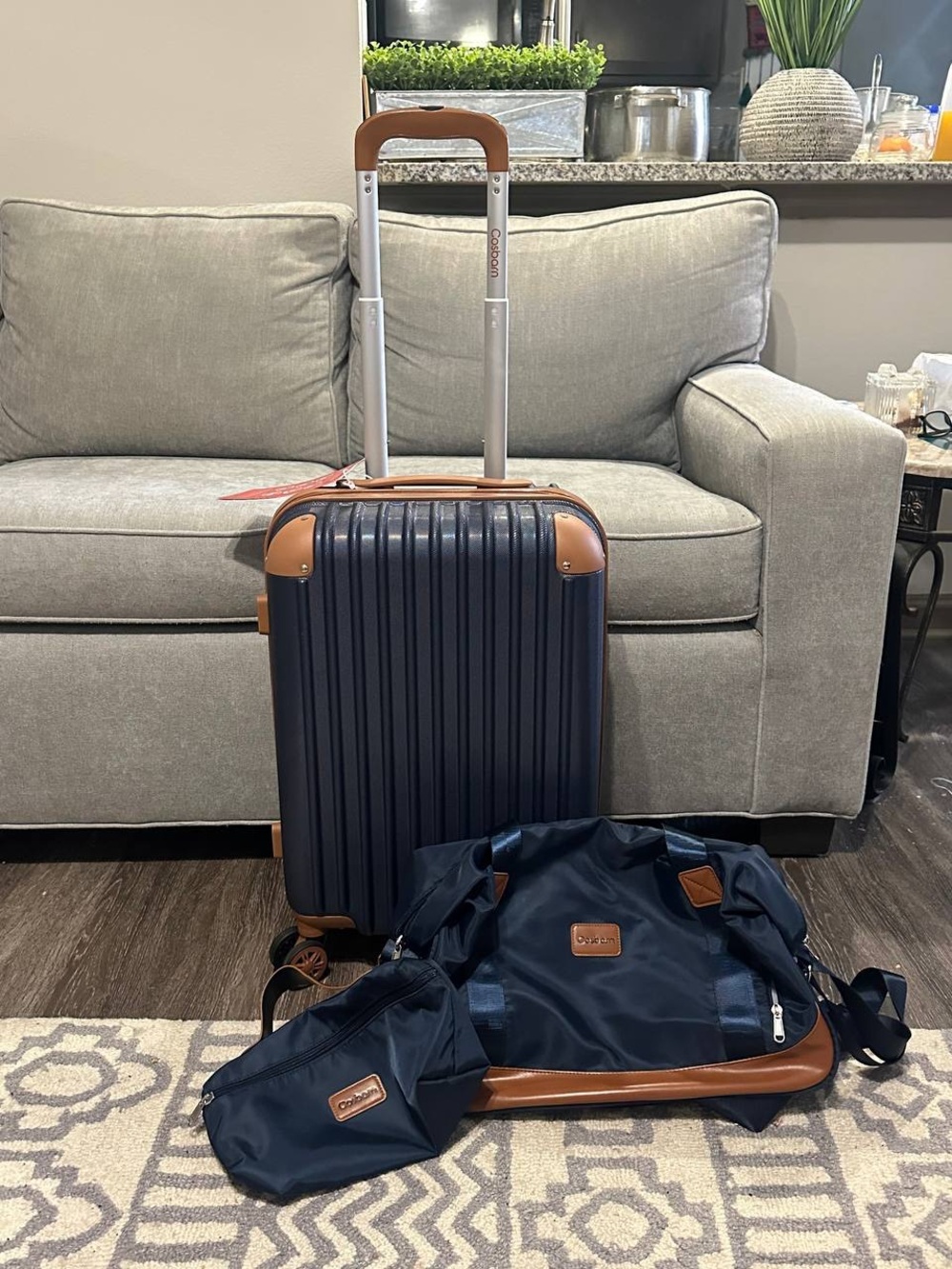 Navy Cabin Spinner Luggage Set with Brown Trim - 3-Piece Travel Bags